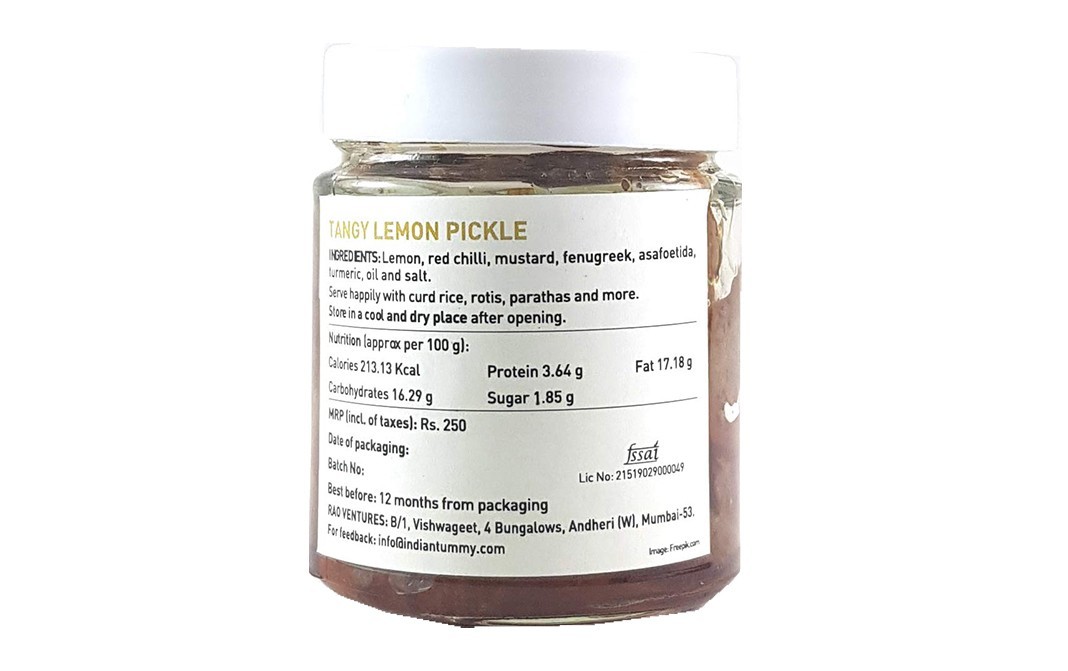 Indian Tummy Tangy Lemon Pickle    Glass Jar  200 grams